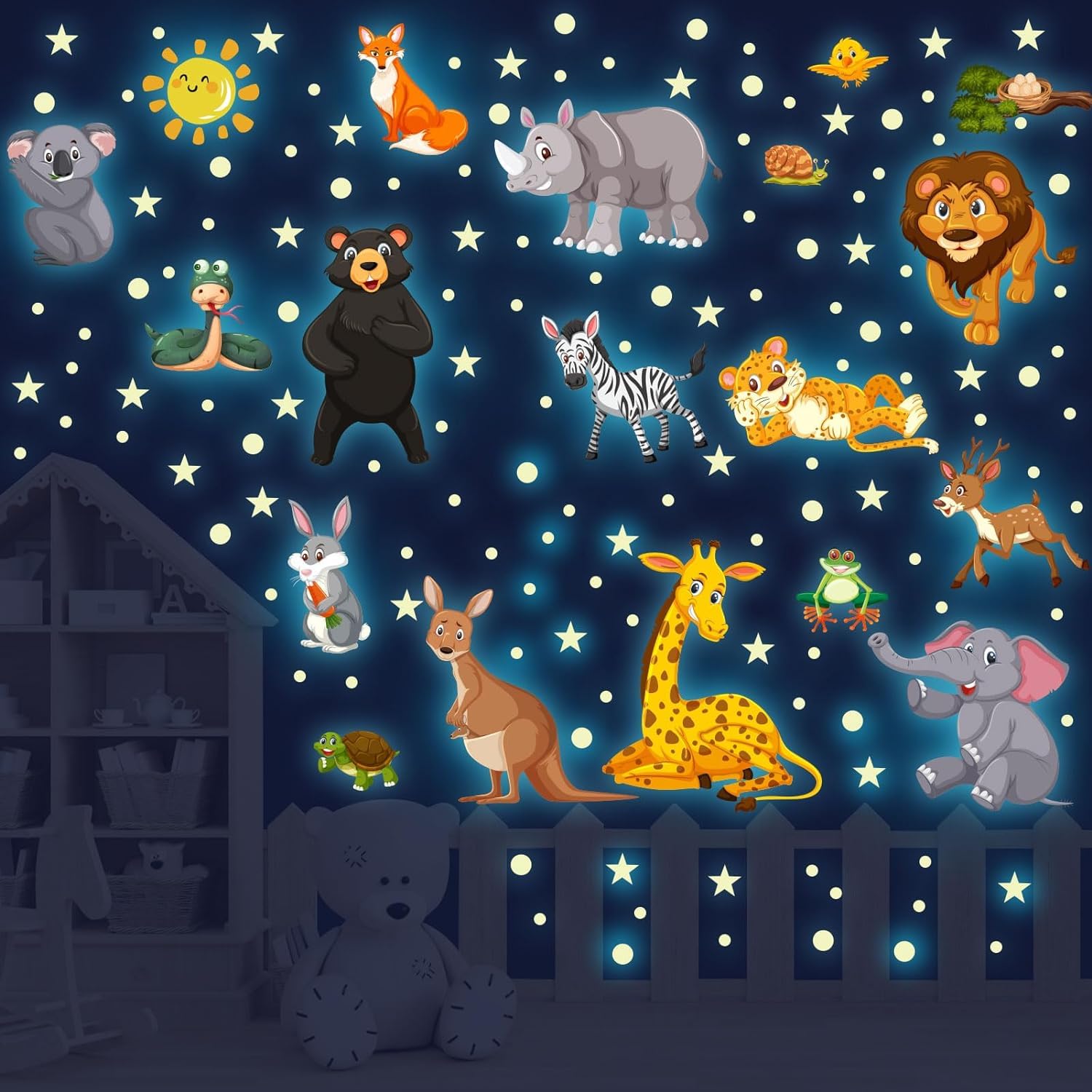 Adesivi da Parete Fluorescenti Animali Giungla Stickers Muro Luminoso Safari Elefante Leone Decorazioni Camera Bambini Verde