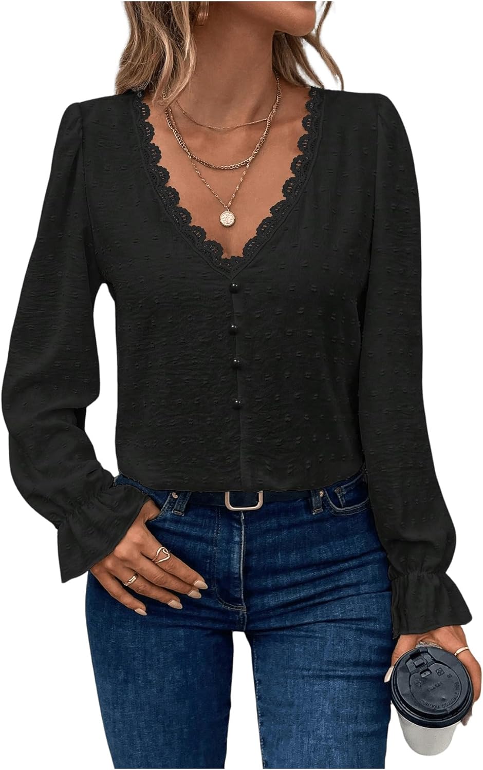 WDIRARA Women's Swiss Dots Lace Trim Blouse V Neck Long Sleeve Top