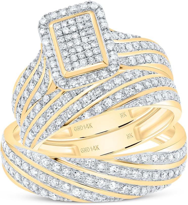 His & Hers 14K White Gold, Yellow Gold 3/4 CTW Cluster Diamond Trio Set Matching Engagement Ring Wedding Bands