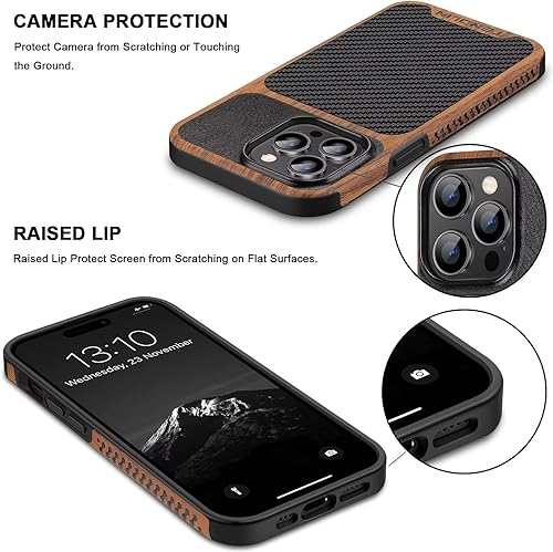 Miniatura 4 de TENDLIN Compatible con iPhone 14 Pro Funda de grano de madera con textura de fibra de carbono, diseño híbrido de cuero, funda delgada negra