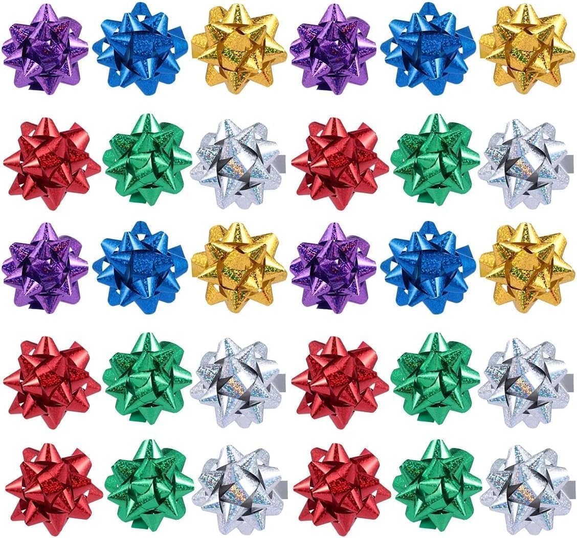 50 Pcs Colorful 1 Inch Gift Bows Christmas Bows Metallic Star Bows Party Gifts Wrapping Bows Adhesive Holiday Presents Bows for Valentine's Day, Gift Wrapping Supplies, Gift Wrap Bows