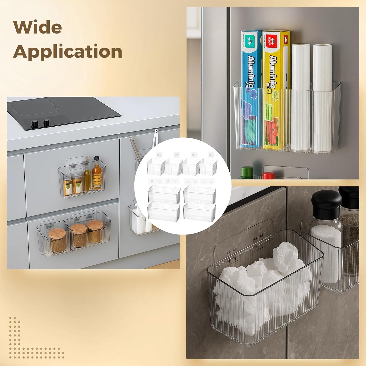 8 Pcs Under Sink Drawer Organizers, Clear Plastic with Hooks, Cabinet Door Hanging Baskets, Wall Mount Bathroom Fridge Pantry Storage with Drain Holes