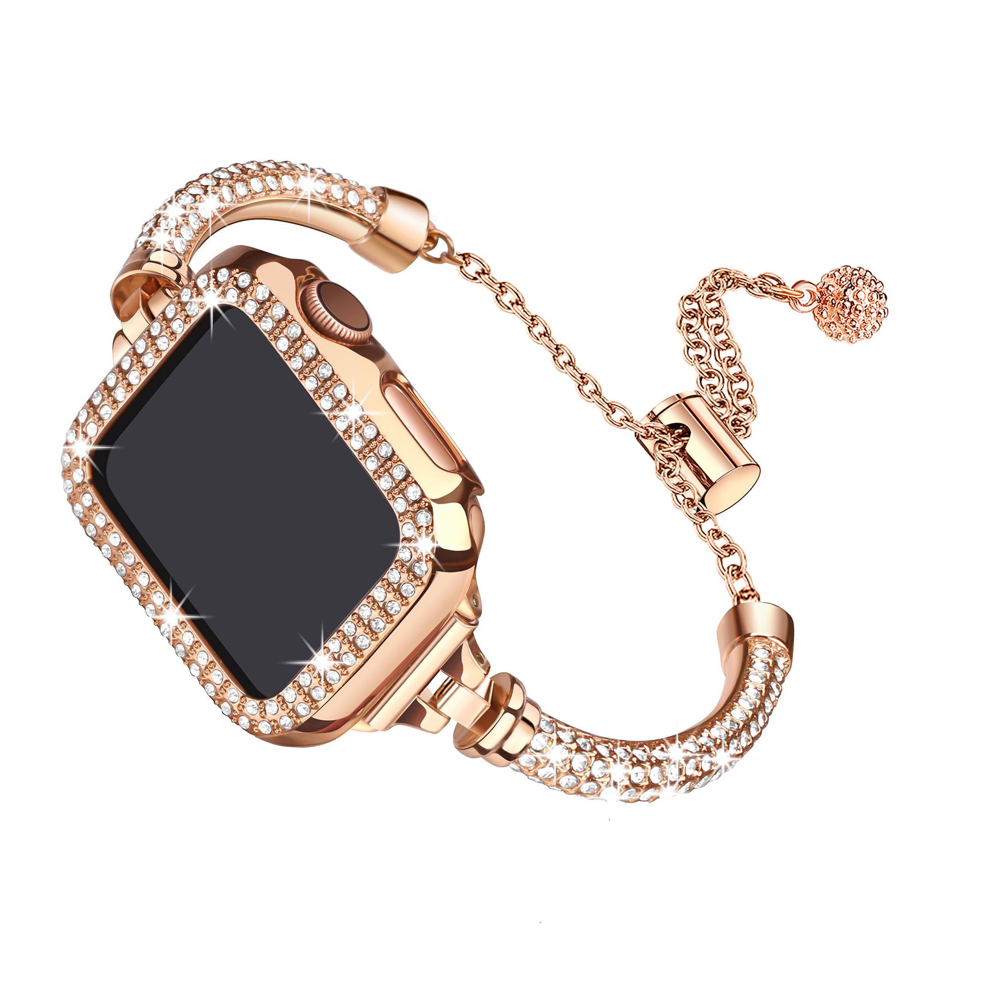 Secbolt Bling Band and Case Compatible with Apple Watch Band 38mm 40mm 41mm 42mm 44mm 45mm, Women Dressy Metal Bracelet with Rhinestone Bumper for