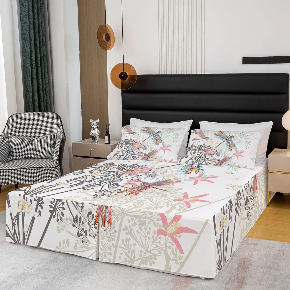 Feelyou Nautical Sheet & Wrap Around Bed Skirt for Kids Boys Girls Anchor Print Dust Ruffle Bedskirt 15 Inch Drop Navy Blue Pleated Bed Skirt for Queen Bed with Split Corners