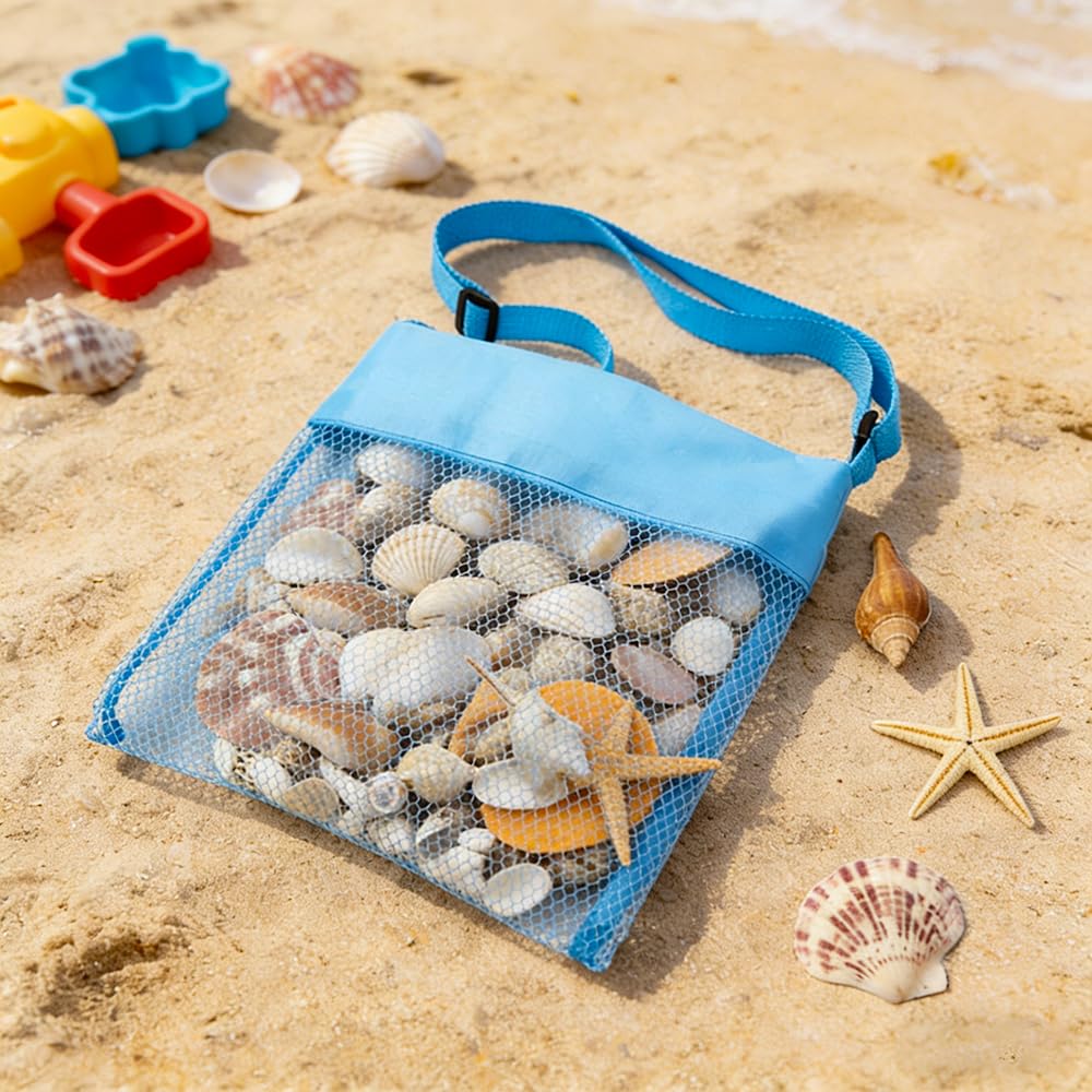 Bolsa Juguetes Playa Malla, 5 PCS Bandolera Bolsa Playa Niños, Beach Toy Bag, Ajustable Bolsa Playa Niños, para Guardar Juguetes y Conchas Marinas