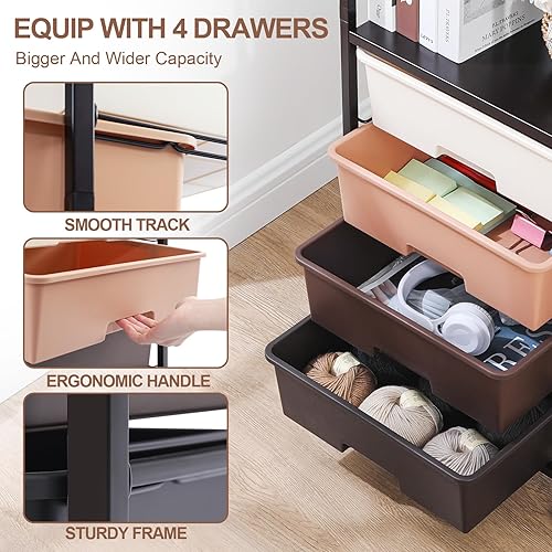 Miniatura 3 de SYKIARIOL Carrito utilitario con cajones, estante y mesa de madera, carrito de almacenamiento con ruedas de 4 cajones, organizador de artes y