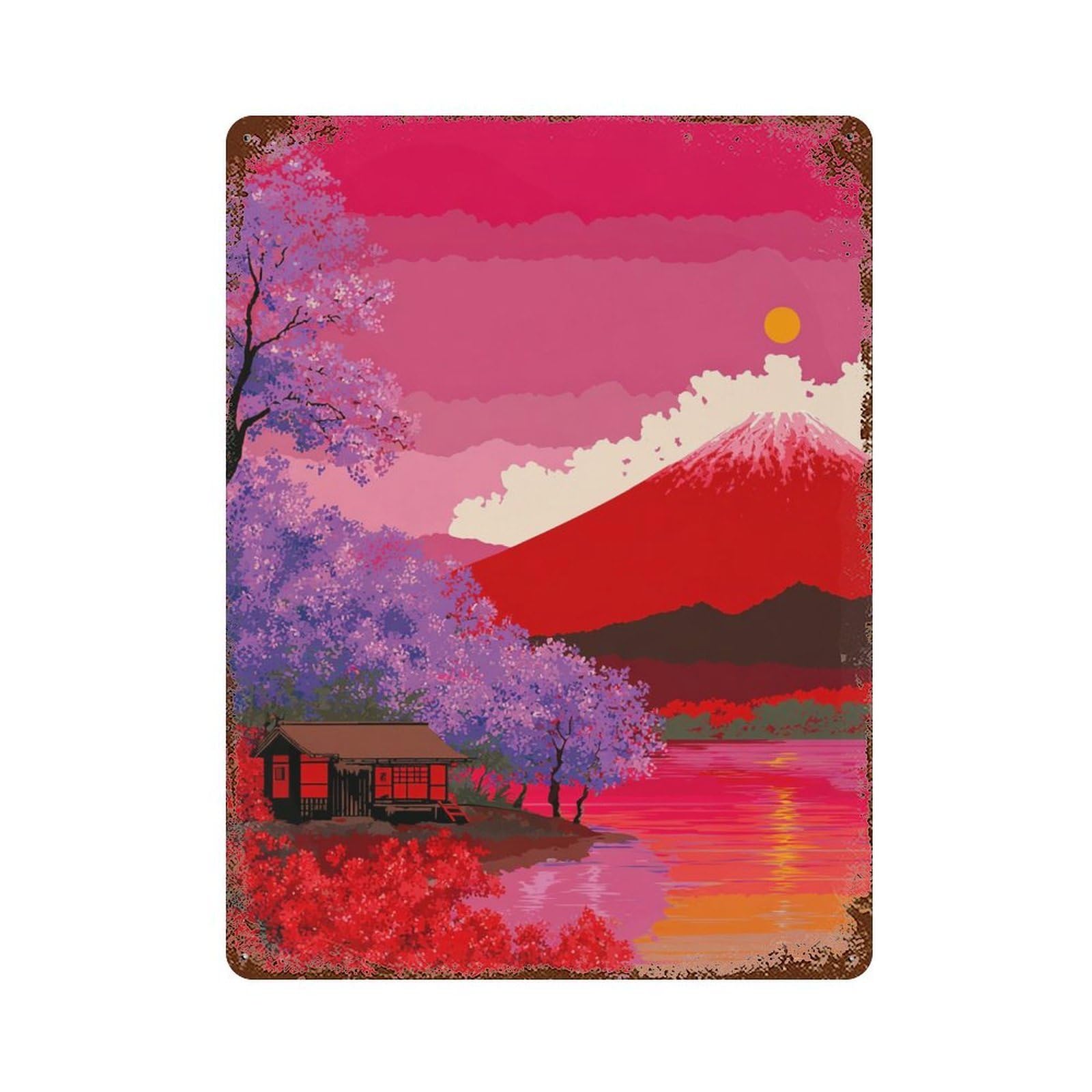 Japanese Sunset with Mount Fuji Rust Effect Tin Sign 15.7"x11.8", Industrial Home Decor for Garage, Pub Or Kitchen