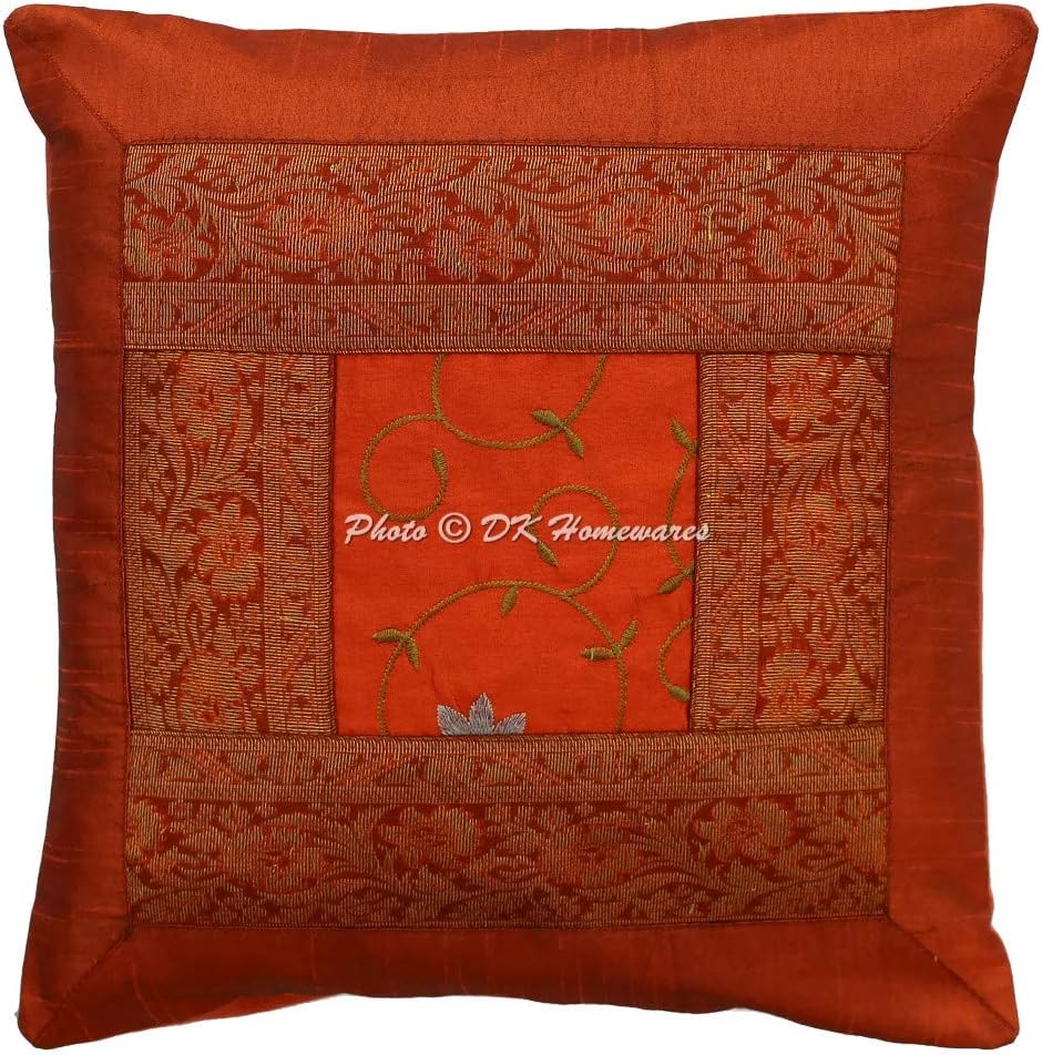 Indian Decorative Sofa Throw Pillowcases 16 Inch Polydupion Embroidered Floral Bohemian Square Couch Cushion Covers (Size - 40x40 cm ; Color: Brown) - Set of 4 Pcs (Cover Only)