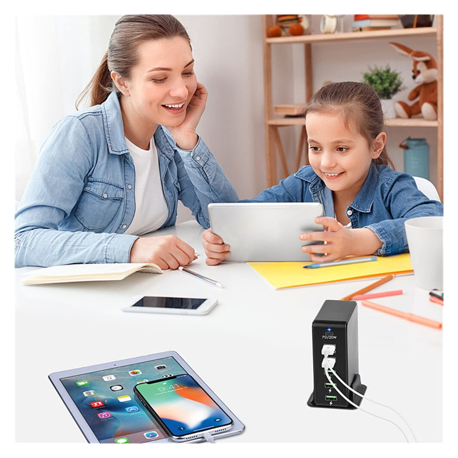 Portatile Caricatore rapido USB PD con 6 porte, stazione di ricarica Caricabatterie da parete for telefono universale compatibile con cellulare, tablet e altro(B)