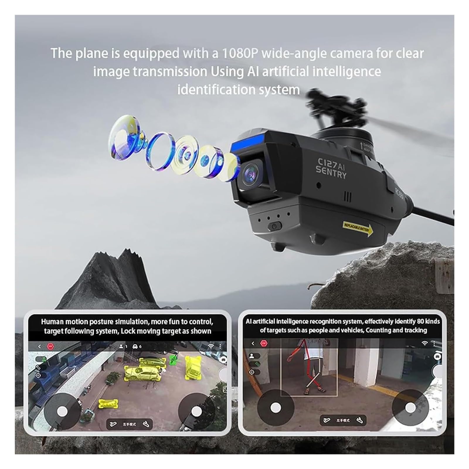 Elicottero RC Scout C127AI con Telecamera 1080P, Modello di Elicottero brushless monorotore 2.4G 4CH Senza alettoni, velivolo telecomandato con giroscopio a 6 Assi(Gray,Dual Batteries)