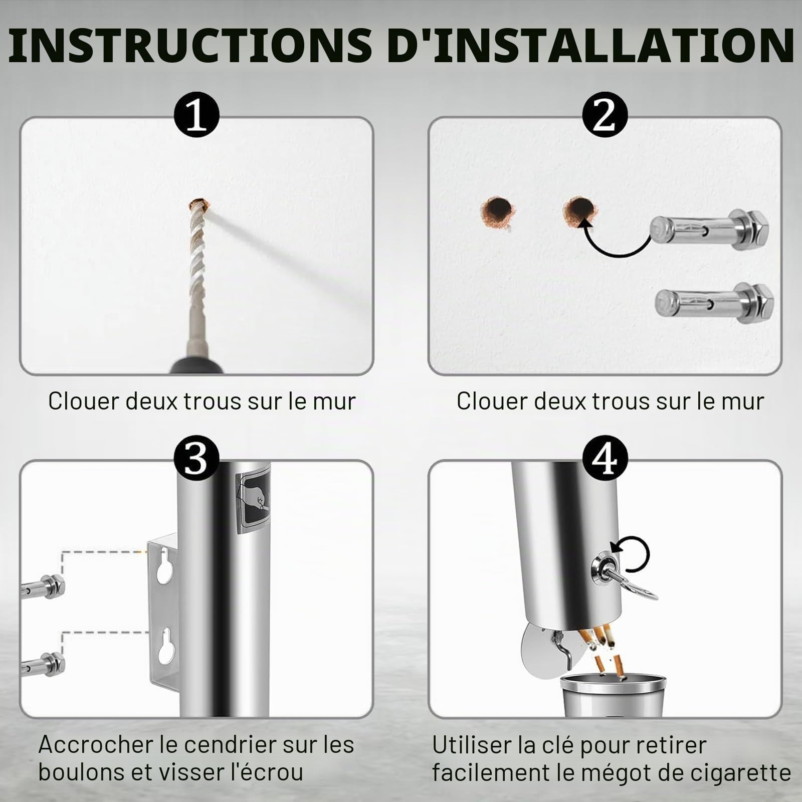Lot de 2 cendriers pour extérieur - Montage mural - En acier inoxydable - Avec serrure - Pour restaurant, terrasse, hôtel, bureau - 30 cm x 6,3 cm - Argenté