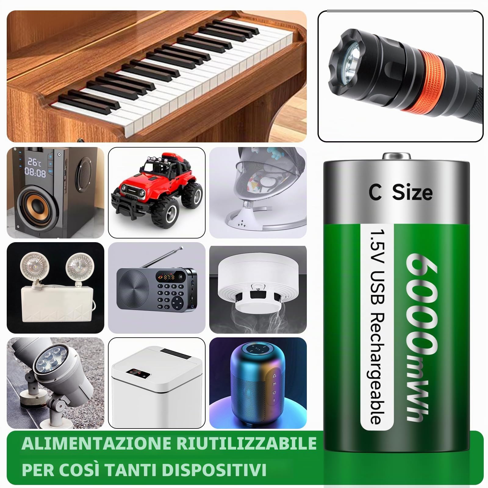 6 batterie ricaricabili Baby C USB 6000 mWh – 1,5 V/litio ricaricabili C batteria ad alta capacità con cavo di ricarica di tipo C, ricarica rapida 3 ore