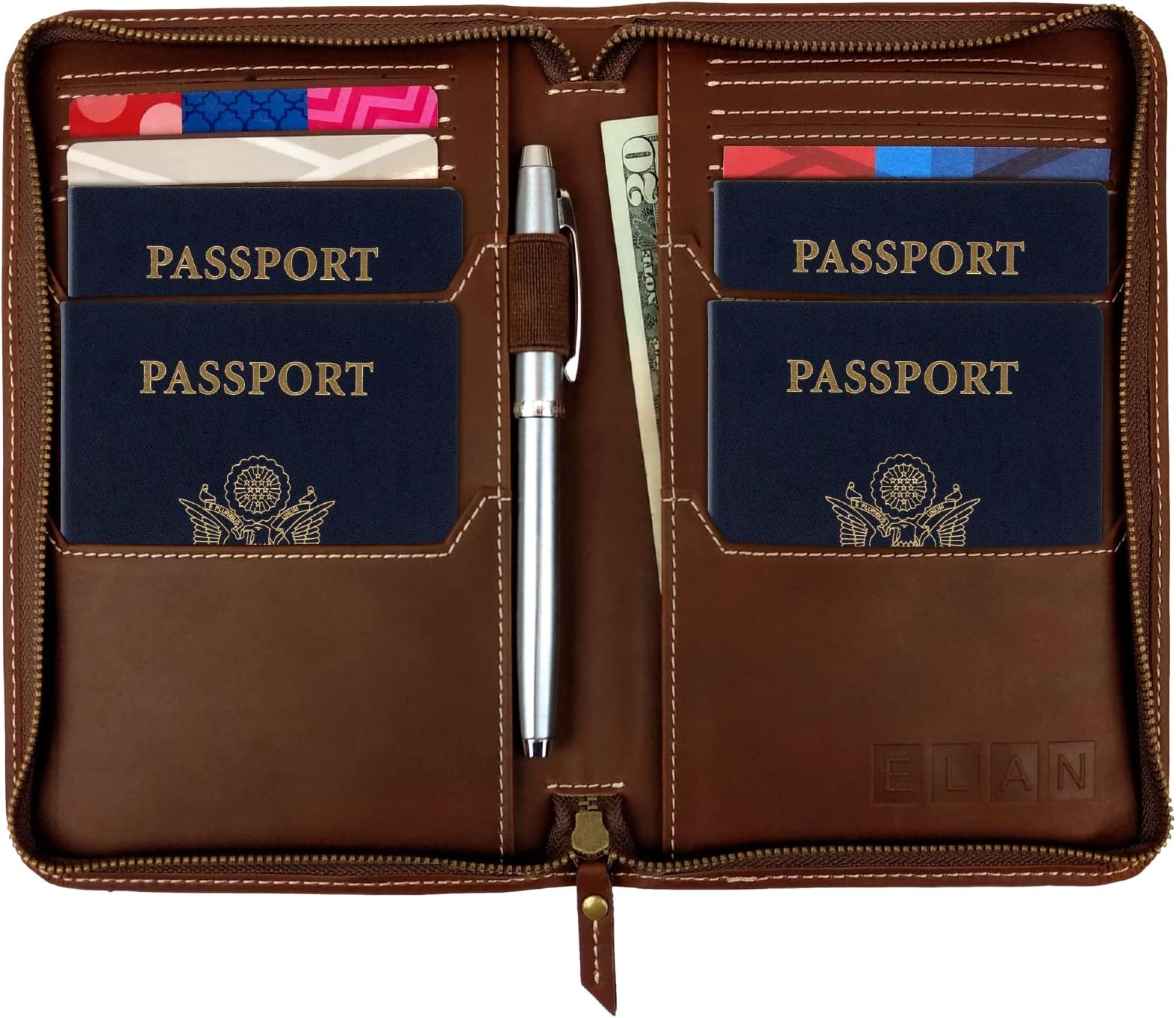 EXCELLO GLOBAL PRODUCTS Leather Travel Wallet & Passport Holder, Brown Split Grain Leather