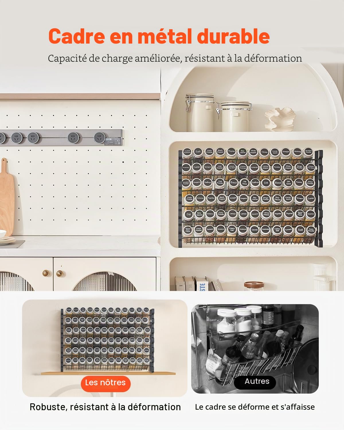 VEVOR Étagère à épices pour armoire, avec 72 pots à épices vides, couvercles, étiquettes et entonnoir, ensemble complet, organiseur d'assaisonnement pour comptoir, cuisine, garde-manger, placard, noir