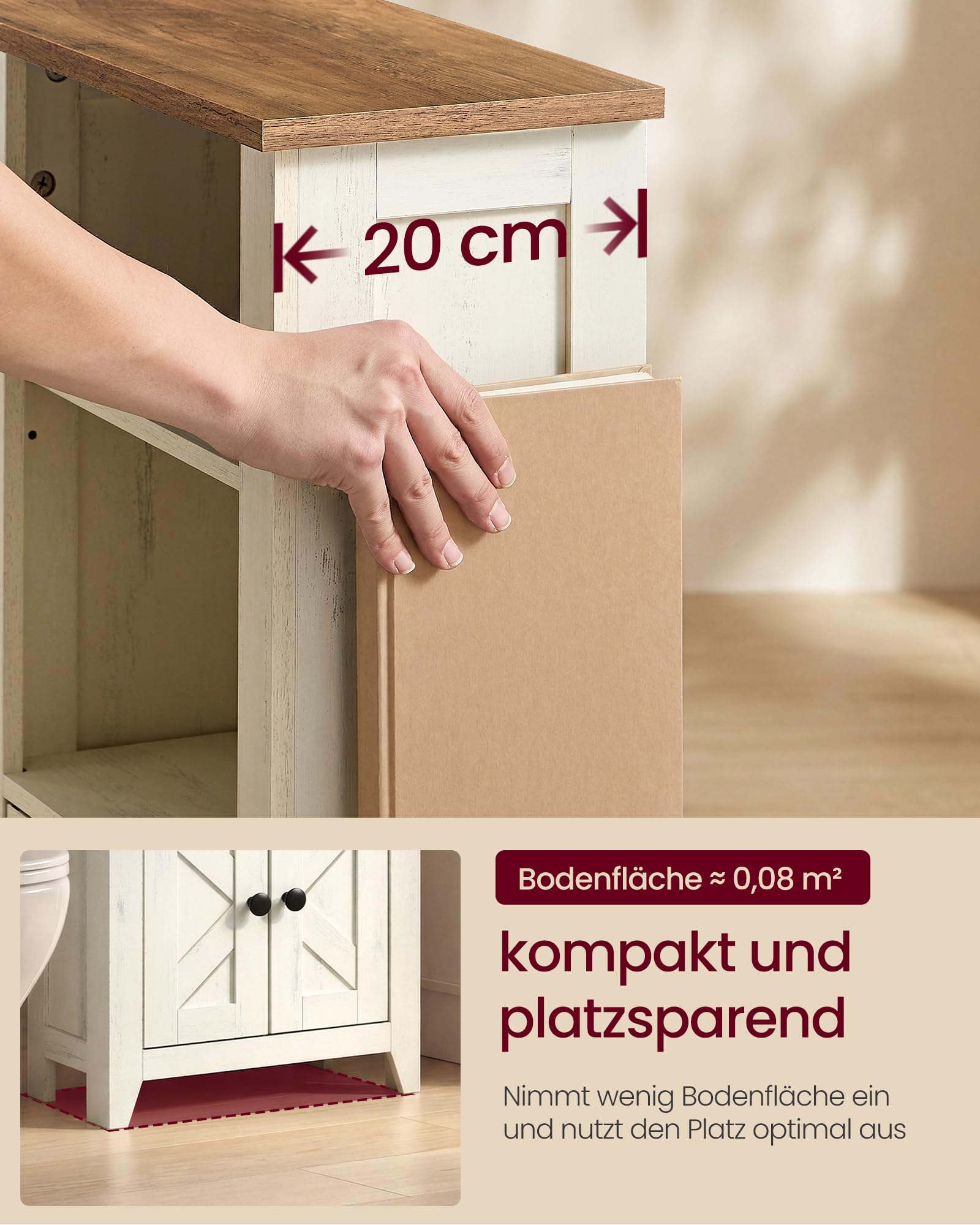 VASAGLE LIRY Kollektion - Badezimmerschrank im Landhausstil, Schrank, Badschrank schmal, offene Fächer, mit Türen, für Badezimmer, vintageweiß-honigbraun BBK313W101