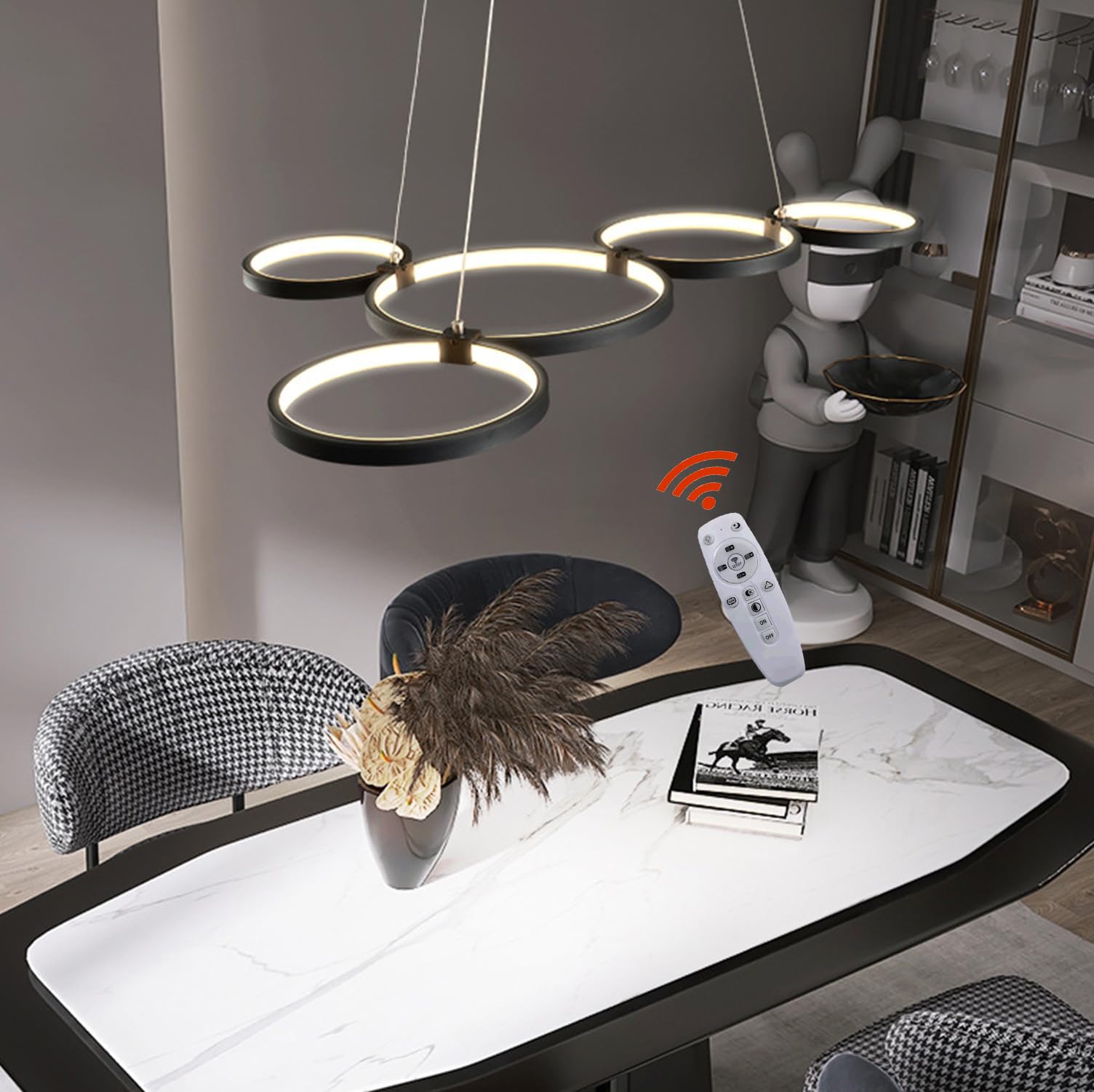 Chandelier Black Modern Dimmable LED Dining Room Table Pendant Light Kitchen Island with Remote Control Lights Modern Adjustable Height Rings Ceiling Hanging Lamp for Living Room Office Bar Lighting