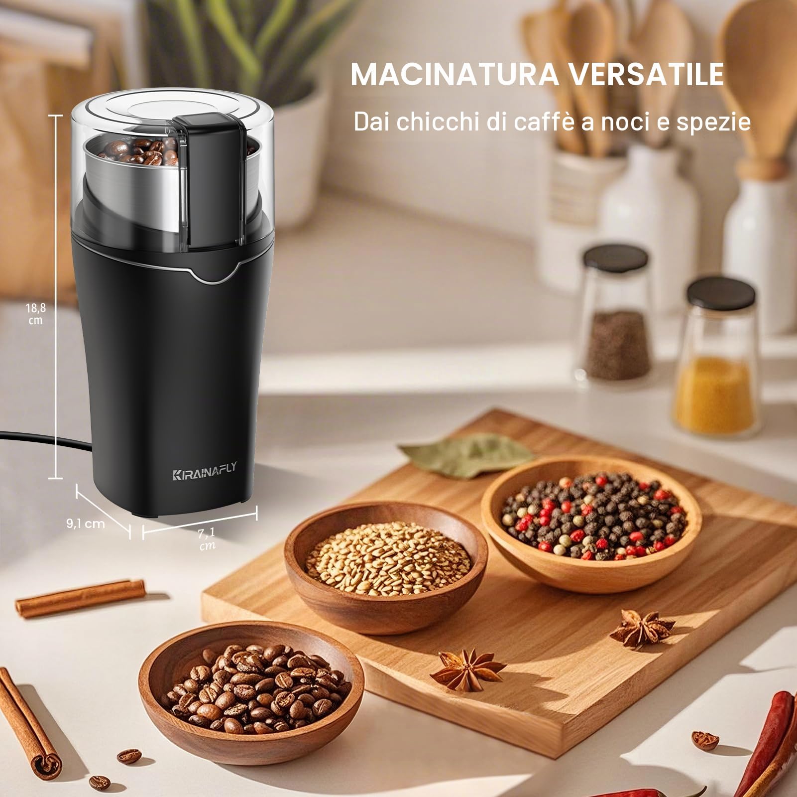Macina caffe' elettrico, Macina semi lino e chia per cucina 300W, camera rimovibile in acciaio inox, fino a 12 tazze, facile per fagioli di caffè, spezie, erbe aromatiche, semi di lino (argento)