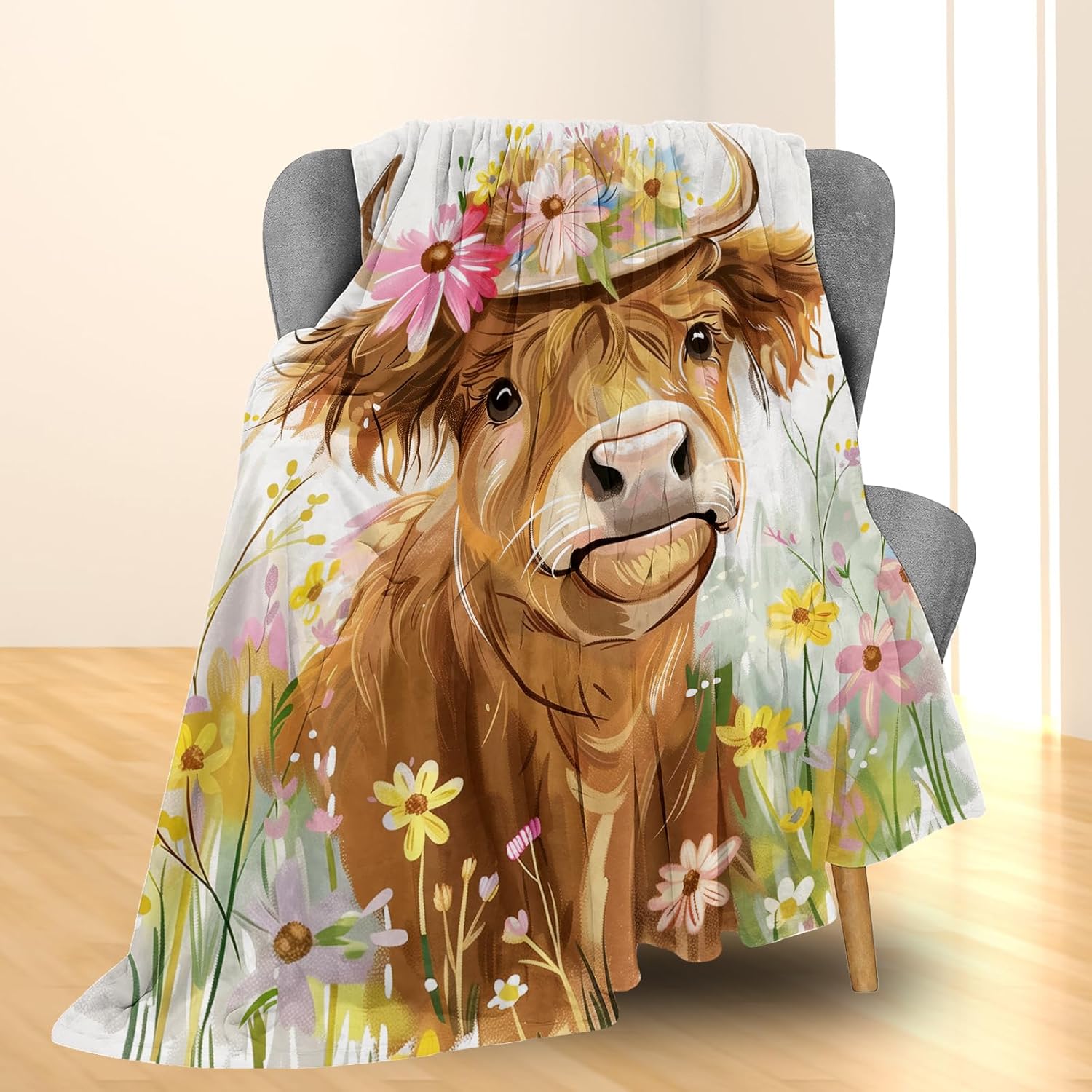 Cute Highland Cow Blanket - Soft Cozy Fluffy Lightweight Flannel Throw Blanket for Couch, Bed, Travel & Outdoor | Warm Fuzzy Blankets for Adults Kids Women Boys Girls 50×60 in