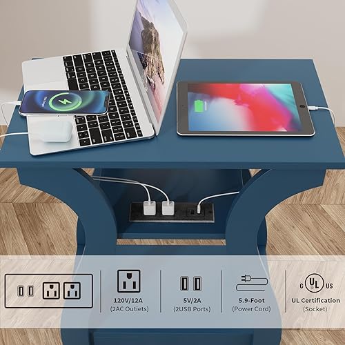 Miniatura 6 de Mesas auxiliares para sala de estar, mesa auxiliar con estación de carga y USB, mesa auxiliar azul marino, mesita de noche para dormitorio, mesa