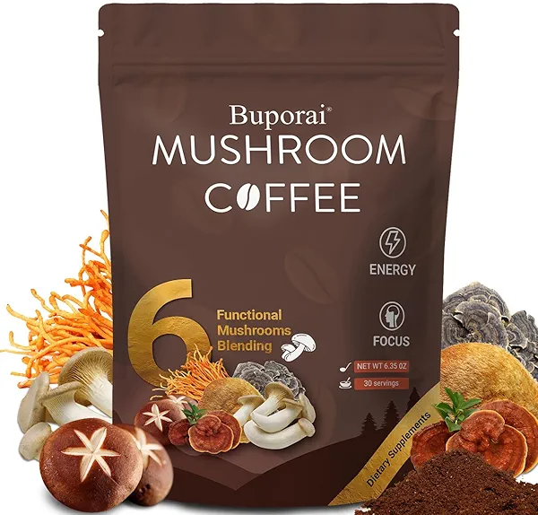 Mushroom Coffee, Instant Mushroom Coffee with 6 Mushrooms Lion’s Mane, Cordyceps, Turkey Tail & Other for Energy, Focus, Digestion, Immunity, 30 Servings (1 Pack)