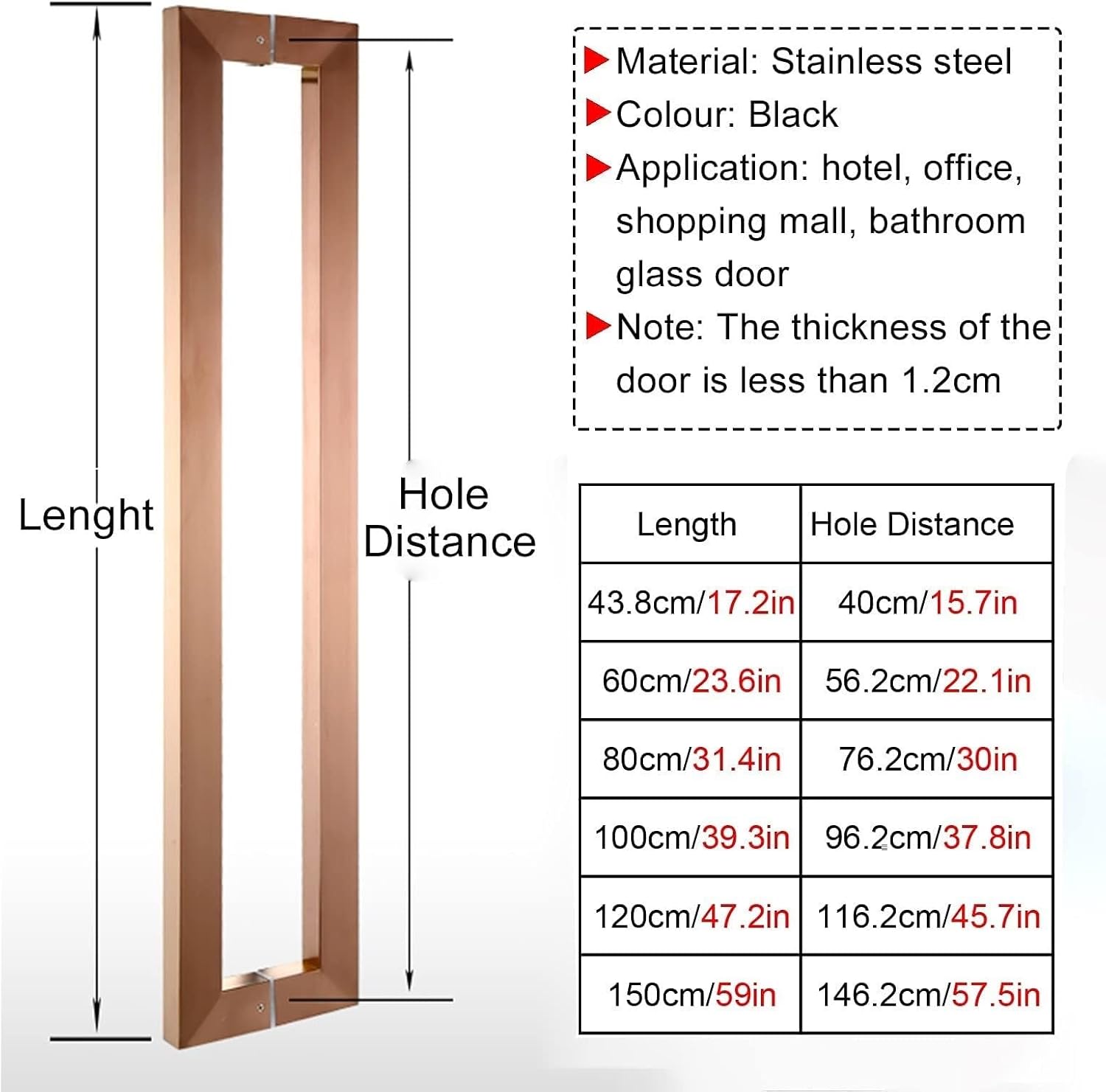 Door Handle Bathroom Glass Pull Handle, Sliding Barn Square Entry Gate Handles, Brushed Stainless Steel, 43.8Cm/17.2In(100cm/39.3in)