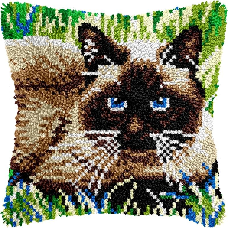 Image of Latch Hook Pillows Kits Siamese Cat Cushion Pillow Cover with Pattern Printed Canvas Sofa Throw Pillow Hooking Pillowcase Crafts Embroidery Latch Hooking Crochet Kits Set 17x17 inch(74)