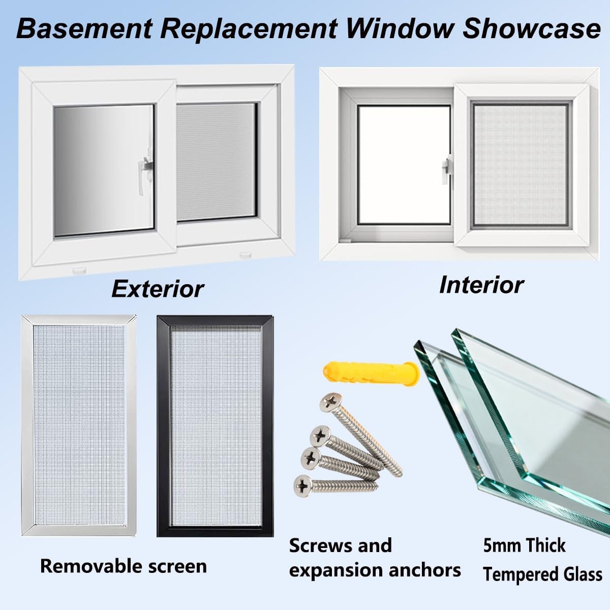 Aluminum Household Windows with Screen Basement Replacement Windows 15" 18" 26" 32" 36" 40" Horizontal Sliding Window Shed Window with Tempered Glass for Bathrooms Garage(White,WxH: 20x24in)
