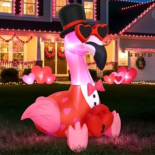 Leyndo 5 FT Valentine's Day Inflatable Heart Flamingo Outdoor Decorations Romantic Blow up with Built-in LEDs Lights for Yard Lawn Garden Outdoor Holiday Party