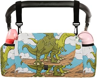 CUPADA Universal Baby Stroller Organizer Bag Tyrannosaurus Dinosaurs Cartoon, Stroller Organizers with Insulated Cup Holders Vintage Dino Detachable Shoulder Strap Storage Carrying Diaper and Snacks