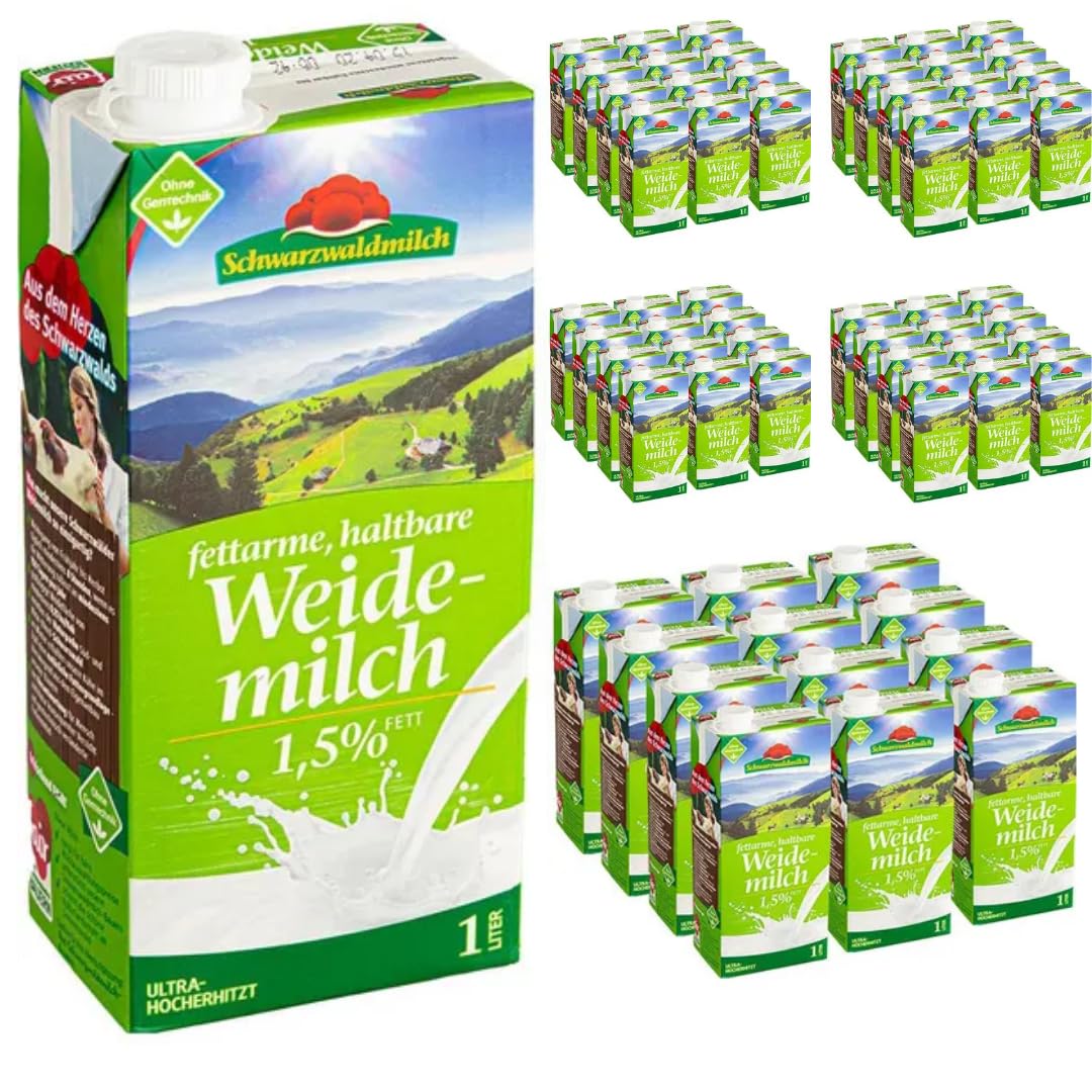 Schwarzwaldmilch Milch fettarme H-Milch, 1,5% Fett Haltbare Milch, Weidemilch, je 1 Liter, 60 Stück+ pufai