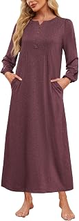 Womens Cotton Long Sleeve Nightgowns Soft Ladies Sleep Shirts Button V Neck Full Length Night Shirts Sleepwear with Pockets