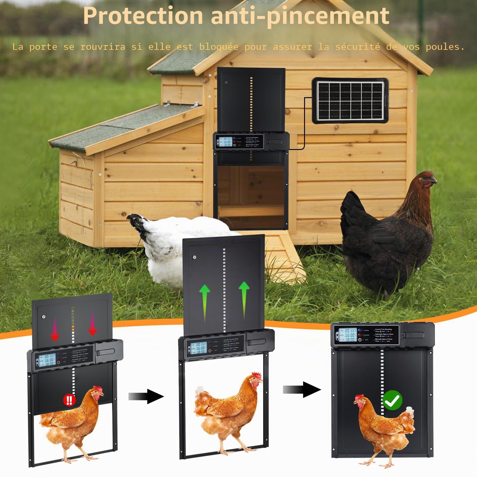 Grande porte automatique avec écran LCD, porte pour animaux de compagnie avec capteur solaire, porte automatique pour poulailler avec plusieurs modes de contrôle