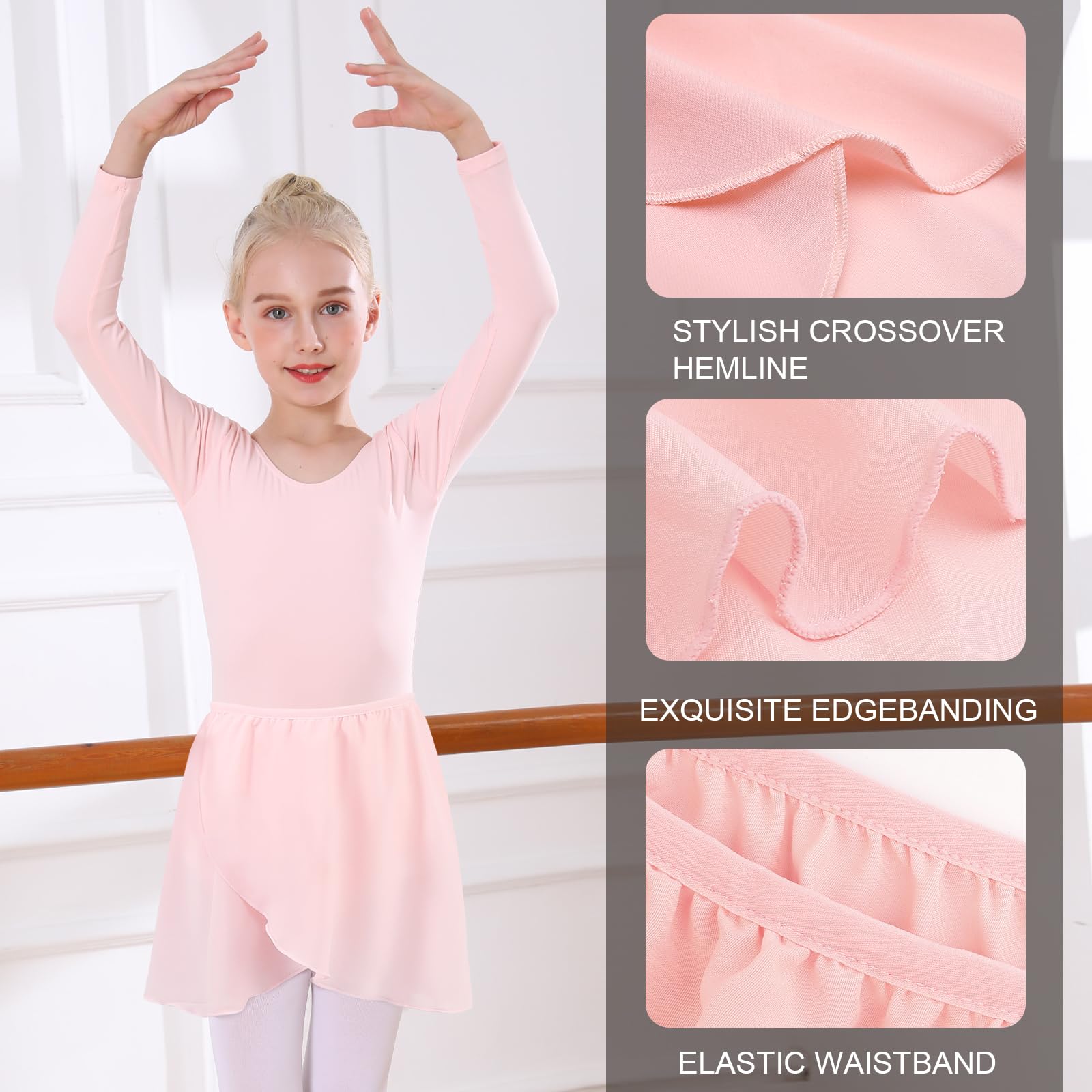 Bezioner Body Danza Classica Bambina con Gonna Rimovibile Vestito da Balletto Gonnellino Danza Manica Lunga