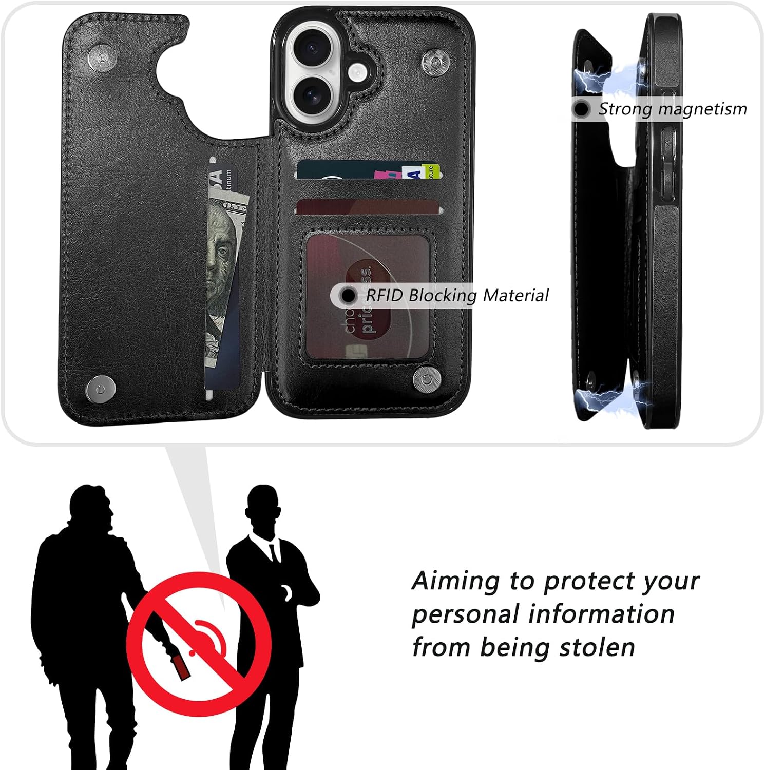 Flip Wallet Case Card Holder Compatible with iPhone 16 6.1 inch- Black image 4