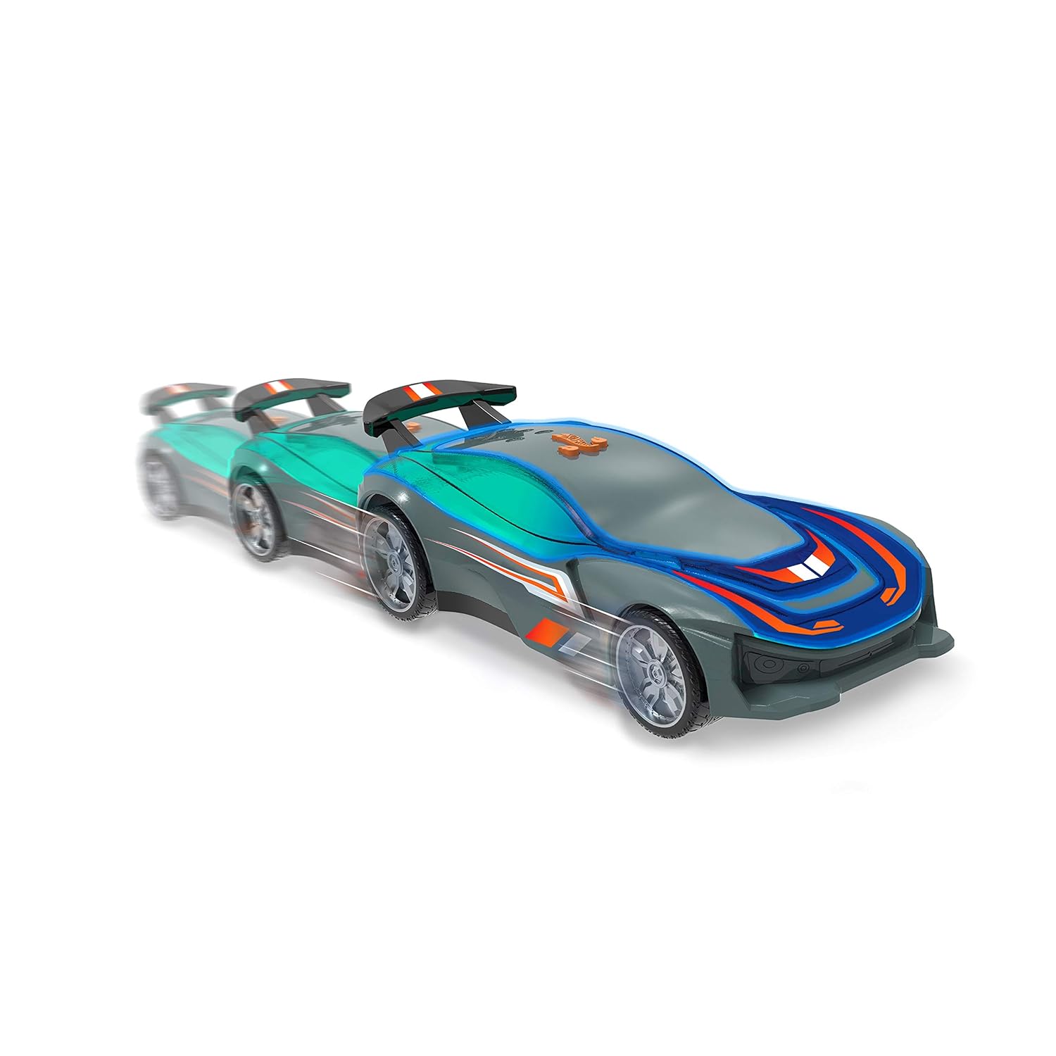 A teal and grey Hot Wheels Race N Crash Gazella R car in motion, depicted with a motion blur effect.