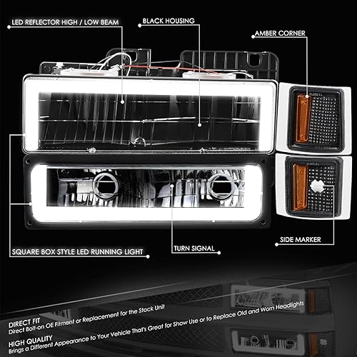Miniatura 8 de DNA MOTORING Faro LED DRL estilo U + señal de parachoques + juego de lámparas de esquina compatible con Chevy CK1500-3500 88-93, ahumadoámbar,