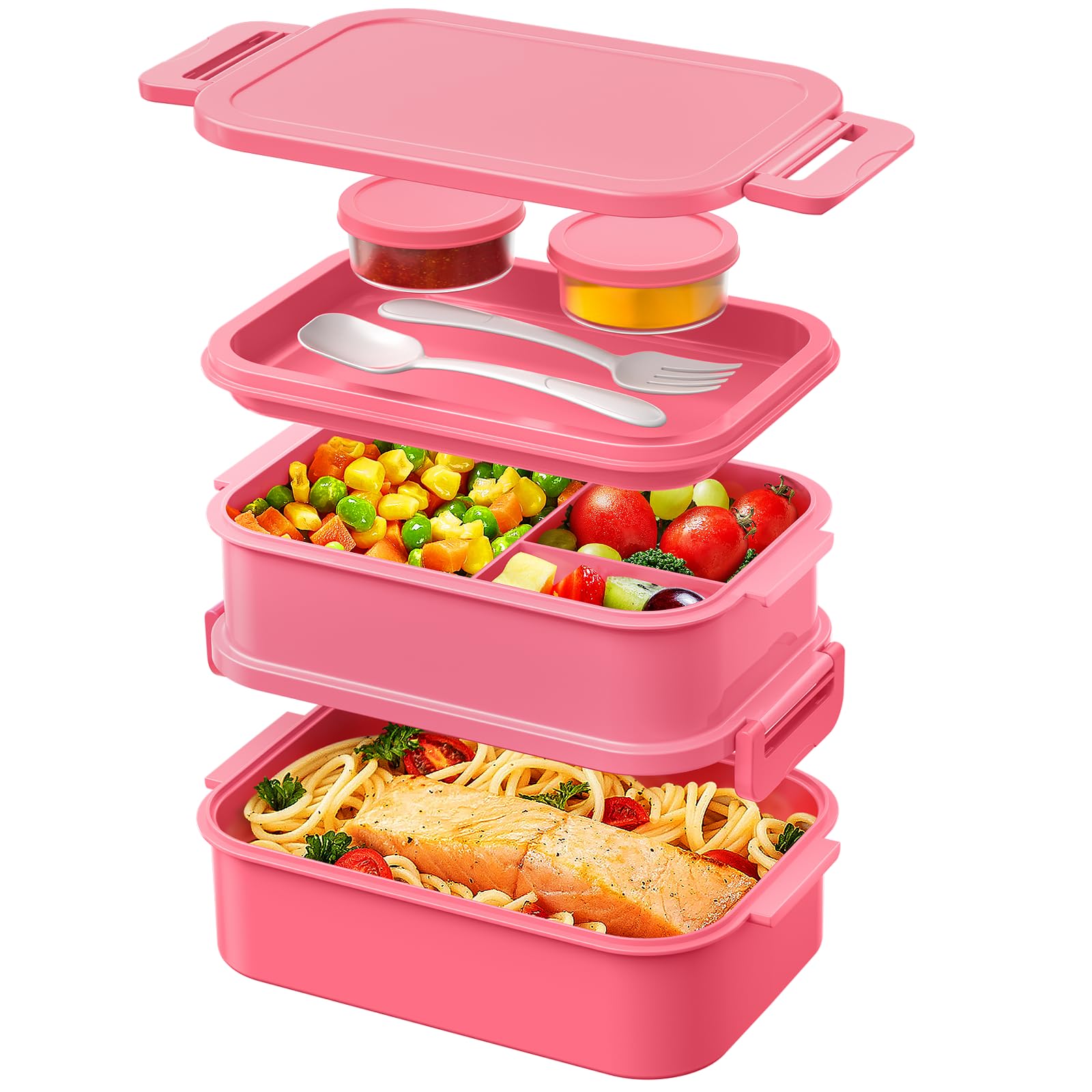 WayEee Lunch Box Adults,2130ml Large Capacity Bento Lunch Box with Compartments, 3 Layers Leak-Proof Bento Box for Office School(Pink)