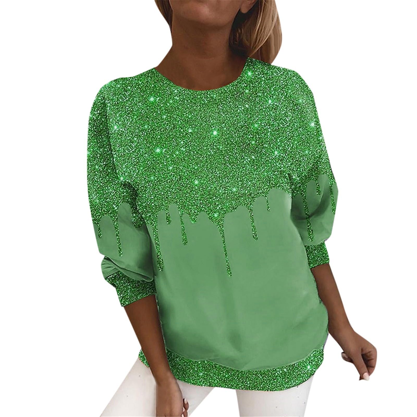 Sequin Tops for Women Sparkly Print Long Sleeve Glitter Crewneck Sweater Evening Party Pullover Loose Sweatshirt