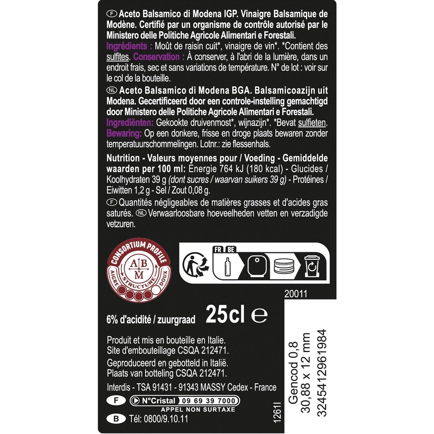 CARREFOUR SELECTION Vinaigre Balsamique de Modène - Origine Italie - Bouteille en Verre 25 cL - Idéal pour Assaisonnements et Marinades - Lot de 3