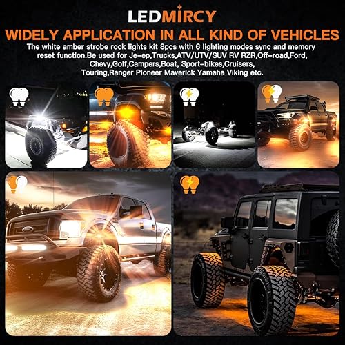 Miniatura 7 de LEDMIRCY Switchback - Kit de luces LED de rock, color blancoámbar con arnés de cableado, 8 vainas, 6 modos de reinicio función de memoria para