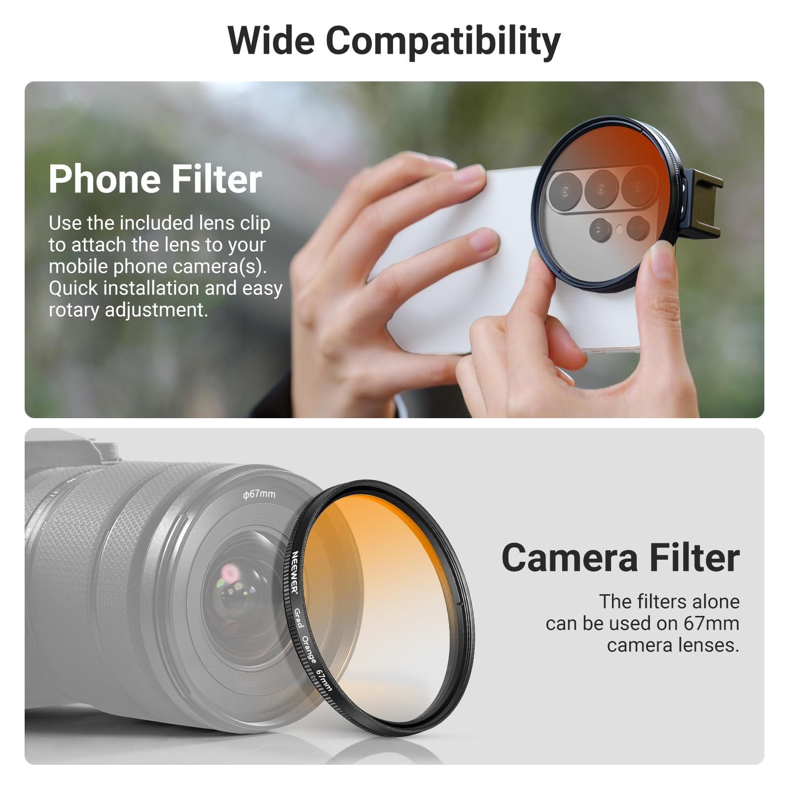 NEEWER Zestaw filtrów ND 67 mm z uchwytem filtrującym do telefonu komórkowego Cold Shoe, 7 sztuk, 4 filtry gradientowe, filtr gwiazdowy, filtr obiektywu ND32+CPL, kompatybilny z iPhone 17 16 Android