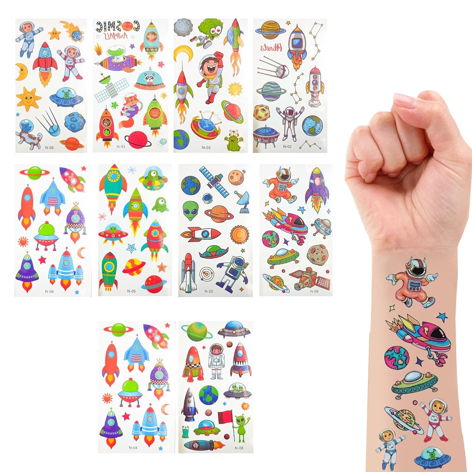 Birthday Popper Birthday Return Gift for Kids Space Tattoo Cards Set of 10 | 10 sheets, 12 x 7 cm each; space designs with rockets, astronauts and planets; temporary tattoos for parties and creative fun