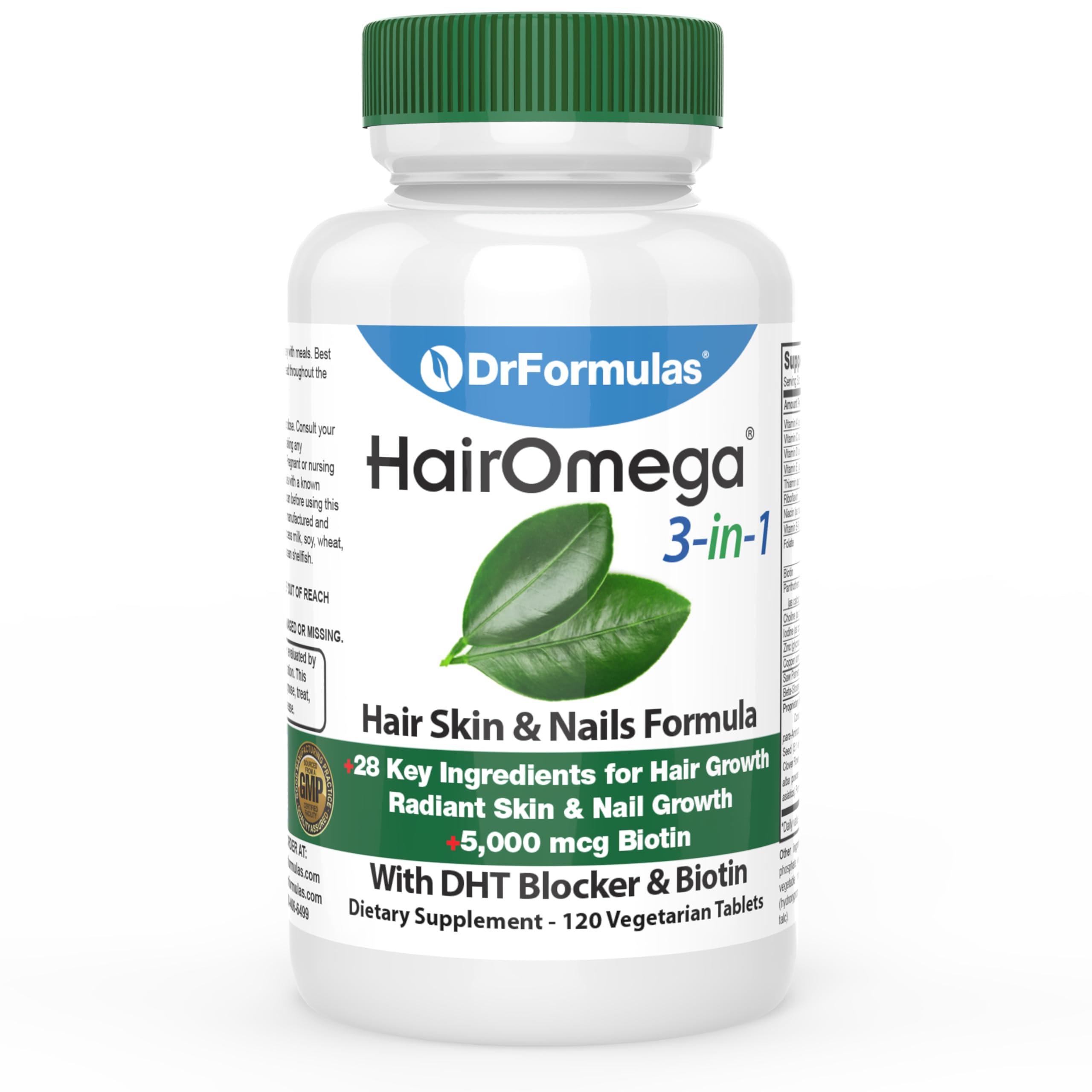 DrFormulas HairOmega 3-in-1 Hair Growth Vitamins with DHT Blocker, Biotin for Women & Men | Hair Skin and Nails Supplement for Hair Loss, 120 Pills