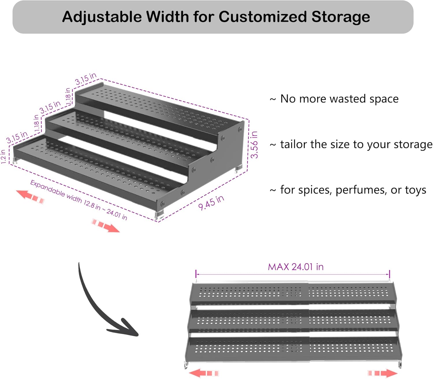 Expandable 3-Tier Metal Spice Rack, Heavy Duty Kitchen Step Shelf Organizer for Cabinet, Pantry & Countertop, Non-Slip Storage for Spices, Perfumes & Collectible Figures(GREY,1PACK)