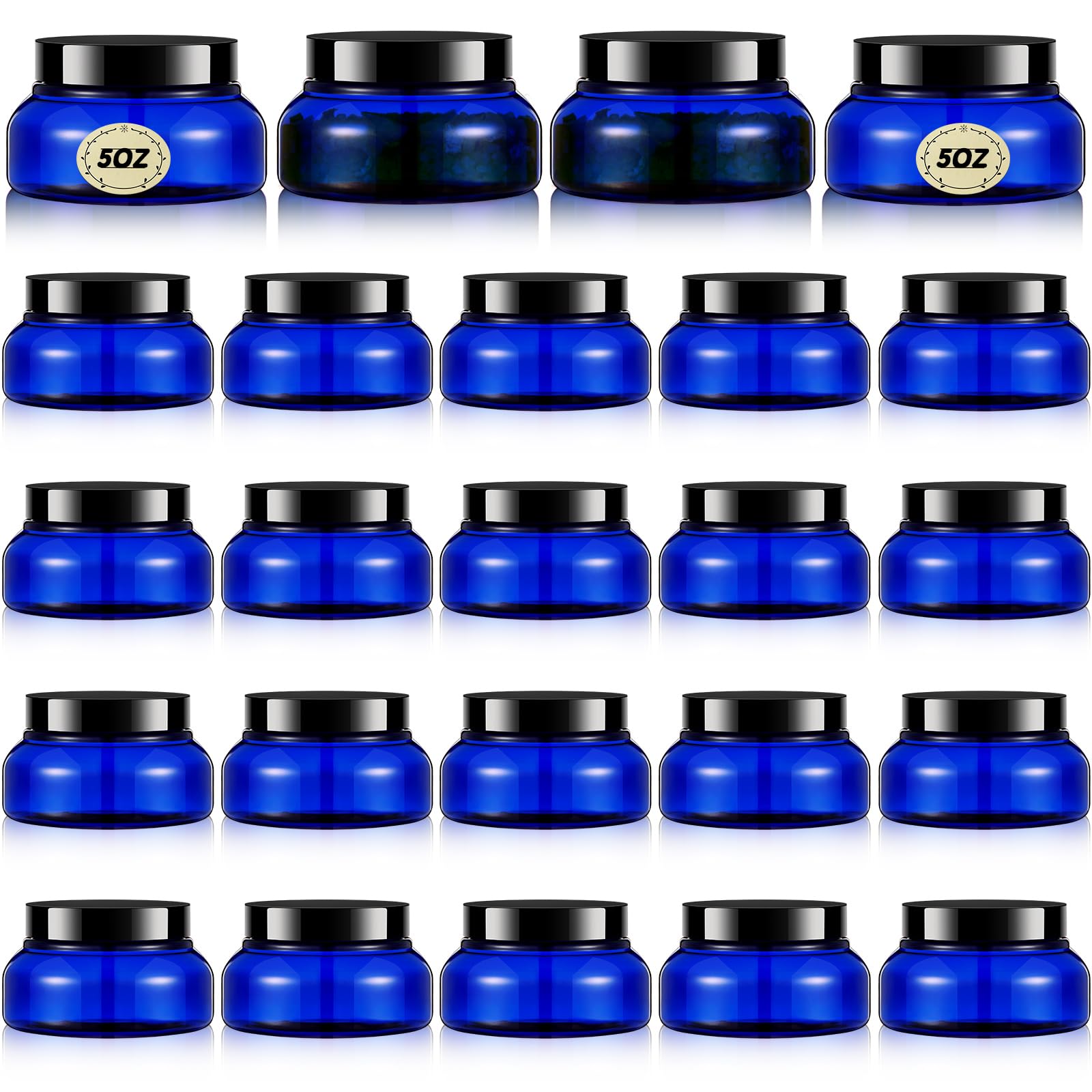 Tessco 24 Pack Plastic Jars with Lids Labels Empty Clear Plastic Jars Round Refillable Cosmetic Containers Body Butter Containers Bulk Sugar Scrub Bottle for Make Up(5 oz,Blue, Black)