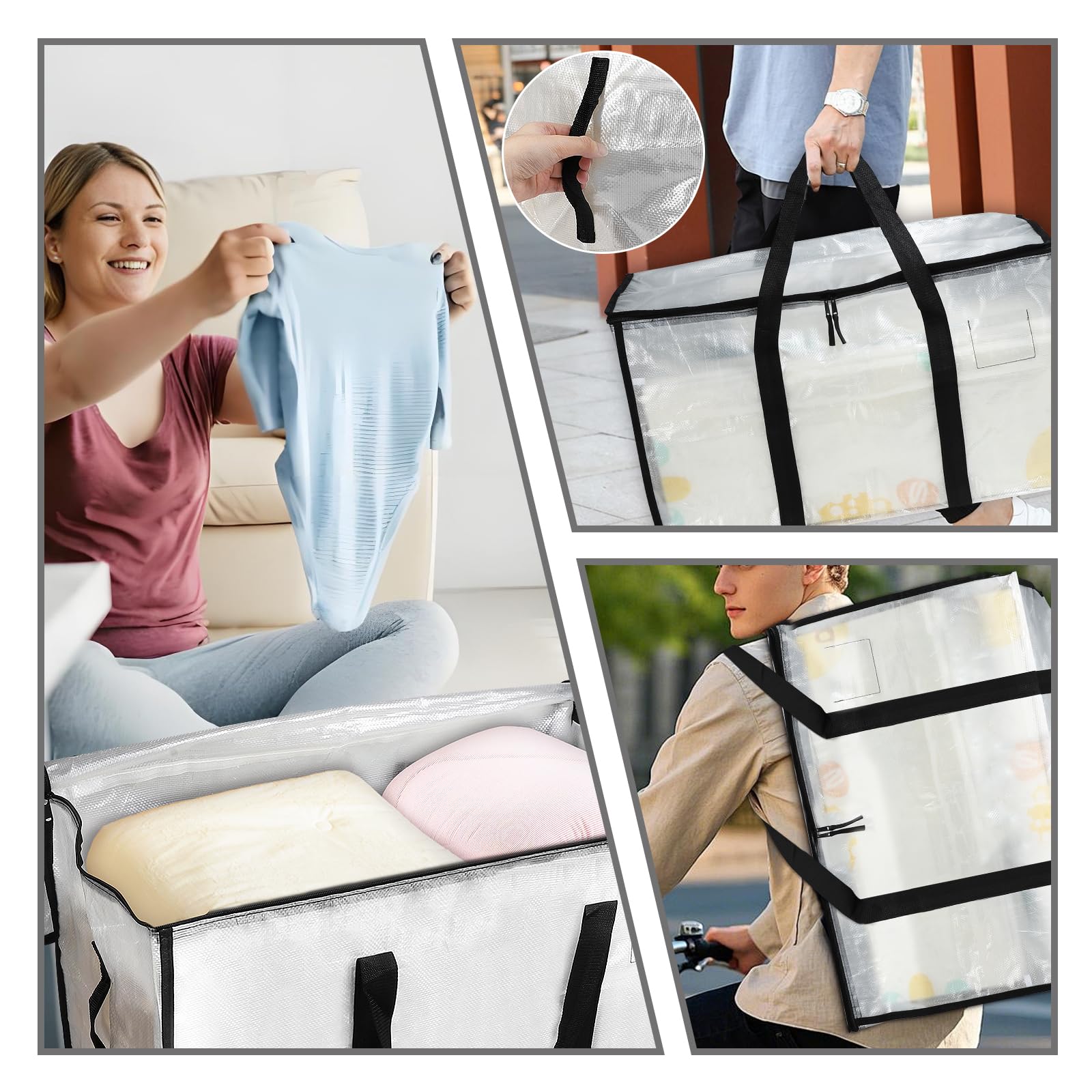 Set da 6 Borse Trasloco 90L Impermeabili con Cerniera e Maniglie Rinforzate, Borse di Stoccaggio Pieghevoli per Vestiti, Trapunte e Viaggi, Alternative a Scatole di Cartone (Trasparente, 6 Pezzi)