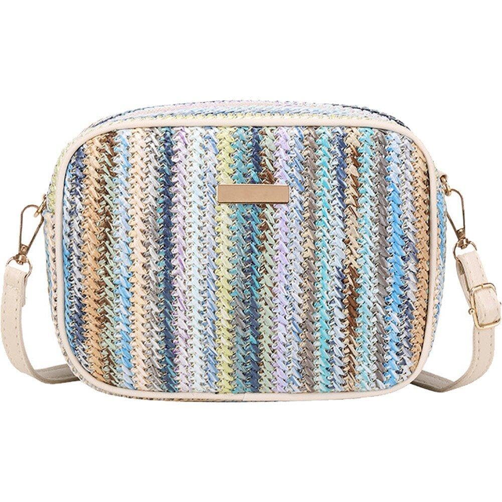 Sanfly Women's Blue Straw Bag Weave Handmade Crossbody Bag With Zipper Multi-Color Straw Woven Bags Handbags Summer Beach Purse