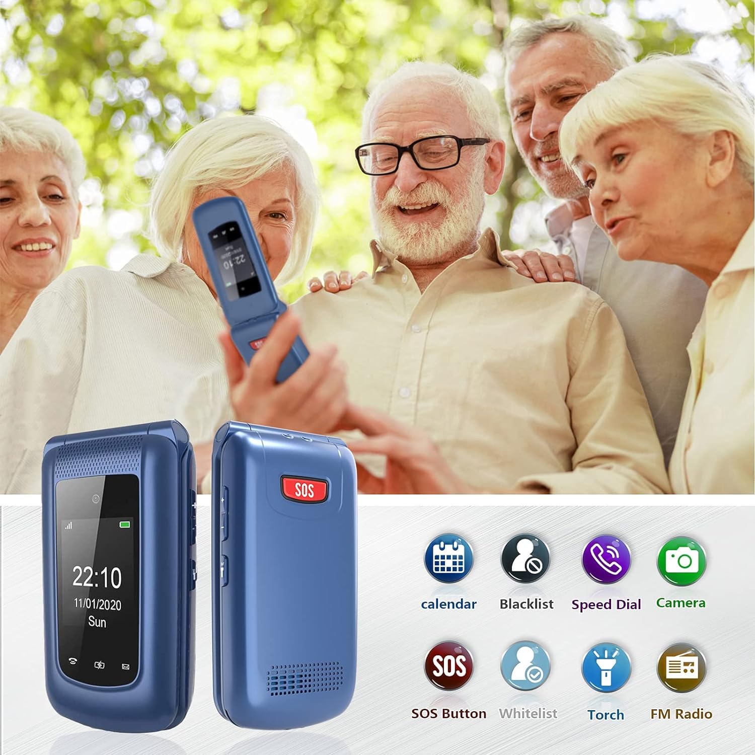4G Seniorenhandy Klapphandy ohne Vertrag Großtasten Handy für Senioren mit Ladestation SOS Notruftaste 1000 mAh Akku Lange Standby-Zeit 2,4 und 1,8 Zoll Doppel Farbdisplay Blau