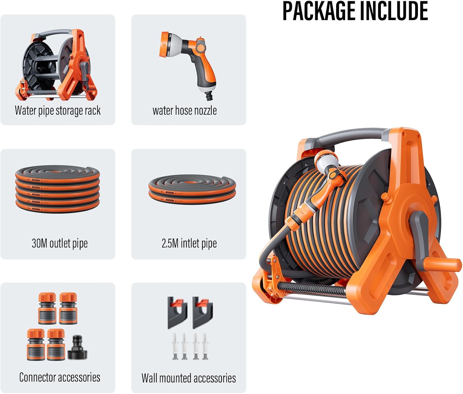 Water Hose with Holder 100FT, Water Hose with Reel, Hose and Reel Combo for Balcony Watering, Hose Nozzle with Quick Connector, Patio, Apartment, RV Trailer Compartment