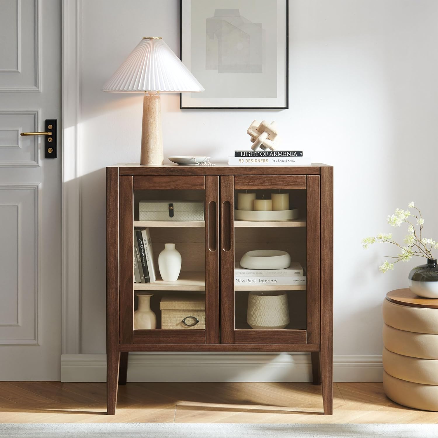 Bablon Teak Wood 36" Accent Storage Cabinet | Small Buffet Sideboard with Glass Doors & Shelves | Mid-Century Modern Tea/Coffee Bar Cabinet for Living Room, Hallway & Entryway (Walnut)-image-38